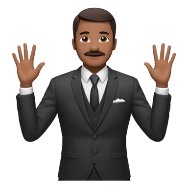 

“A confident man with medium-dark skin tone wearing a suit, tie, and vest, holding both hands up with fingers spread, making a ‘calm down’ or ‘I’m just saying’ gesture. His eyes are closed, and he has a mustache, giving a vibe of laid-back confidence or mock innocence. sticker