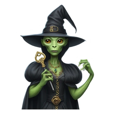a Reptilian alien woman, as witch, holding a big key sticker