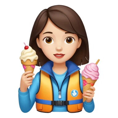 girl brunet kid wearing lifejacket, holding ice cream sticker
