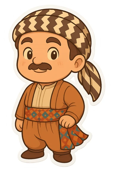 Create a chibi Kurdish cartoon sticker based on the reference image, showing a proud and happy (confident and joyful) expression. sticker