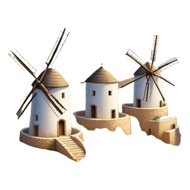 ​Cinematic Realistic Spanish Windmills (Mota del Cuervo), depicted as a cluster of gracefully aged windmills with weathered whitewashed facades and rustic wooden sails, standing proudly on a sunlit, rolling hillside of golden fields and olive groves, rendered with intricate textures and soft natural lighting that captures the timeless rural charm and historical significance of the Spanish landscape, sticker