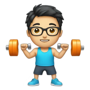 asian boy in specs with one dumbbell sticker