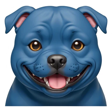 Cinematic Comical Blue Staffordshire Bull Terrier Portrait Emoji, Head tilted dramatically with an exaggeratedly amused expression, featuring a striking blue Fur with a subtle shimmer, wide, expressive dark eyes filled with playful disbelief, Simplified yet hilariously expressive features, highly detailed, glowing with a slightly sassy glow, high shine, dramatic yet playful, stylized with an air of cheeky mischief, bright and endearing, soft glowing outline, capturing the essence of a spirited and over-the-top guardian, so meme-worthy it feels like it could side-eye its way into internet fame instantly! sticker