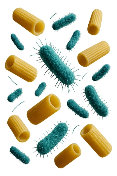 SEI BATTERI intestinALI FLUTTUANO IN ARIA CON PENNE DI PASTA RIGATE, IPERREALISTICO 4K sticker