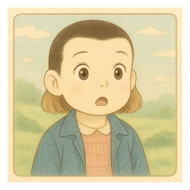 Eleven from Stranger Things with a surprised expression, simple and delicate line art as in the reference drawing, colored in pastel tones, in Ghibli style, square 1:1 format. sticker