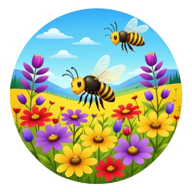 vibrant meadow with wildflowers and a buzzing bee, bright colors, rounded shapes sticker