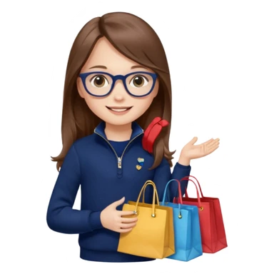 A little girl (he usually calls her baby), who is obsessed with shopping and luxury brands and holds a dozen of bags, she wears navy blue half zip sweater and holds 10 bags and she has long brown hair with Prada eyeglasses. The previous one but with eyeglasses  sticker