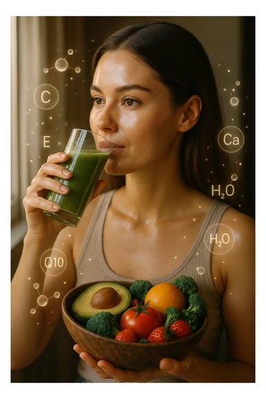 A highly realistic, cinematic portrait of a young woman in her late 20s with glowing, clear, healthy skin and a vibrant scalp with strong, shiny hair, symbolizing internal health reflecting outward. She has a calm, confident expression while sitting by a window with warm daylight softly illuminating her face, highlighting smooth, hydrated skin with a natural glow. Her hair appears clean, full, and strong, indicating a healthy scalp and balanced sebum production. She is drinking a glass of green smoothie rich in antioxidants and holding a bowl of colorful fruits and vegetables, symbolizing how internal nutrition supports skin and scalp health. Subtle, softly glowing overlays of molecular symbols for vitamins, minerals, and hydration molecules gently swirl around her, visually representing the concept of beauty and skin health from the inside out. Style: 35mm hyperrealistic film look, warm tones, soft depth of field, focusing on clear skin texture, healthy scalp, and vibrant hair to inspire holistic wellness sticker