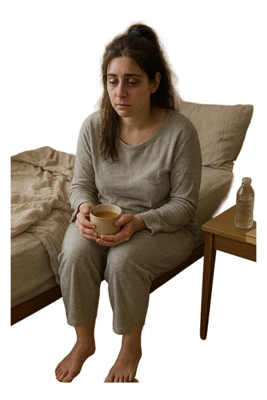 A realistic, cinematic illustration of a woman in her early 30s with a tired, pale appearance, sitting on the edge of her bed in a softly lit bedroom during the morning, looking exhausted and drained. Her posture is slightly slouched, and dark circles are visible under her eyes. She wears comfortable loungewear, holding a warm cup of herbal tea in her hands, seeking comfort. The scene includes a cozy yet slightly messy room with a blanket, a water bottle, and a book on the nightstand, emphasizing chronic fatigue. Soft natural light comes through the window, highlighting her expression of persistent tiredness despite rest, capturing the invisible struggle of chronic fatigue syndrome while maintaining dignity and a gentle aesthetic. sticker