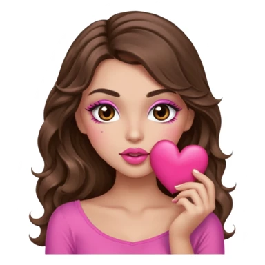 girl with long wavy brown hair, brown eyes, long lashes makeup, sexy pink lips, light to medium complexion, wearing a pink sexy top, sexy , puckering, blushing, kissing a heart sexy sticker