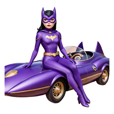  proportionally correct, real-appearance racing BatGirl’s feminine midnight-purple tight outfit sixty’s tv show 2032 stealth retro cat burglar sporty petite off-road pursuit hovering black hover cruiser car rose gold accents (black hair,reclined and relaxed seating position and attitude) desert sticker