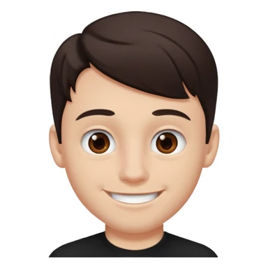 a white boy with dark brown hair, brown eyes, black septum nose piercing, black shirt sticker