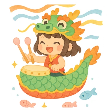 A chibi girl dressed as a dragon boat drummer, holding soft pastel drumsticks, standing in a fluffy dragon boat, colorful festival ribbons flying, sparkles and cute mini fish swimming below, soft pastel colors, watercolor texture, transparent background sticker