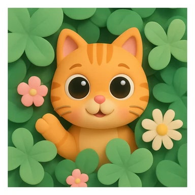 3D iOS style emoji of a cat surrounded by green clover leaves and flowers, similar to the reference image but in a 3D iOS style and in my style sticker