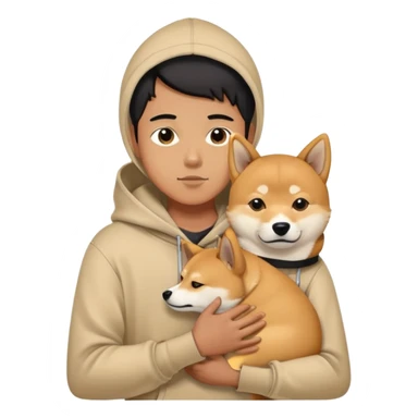 boy beige hoodie cuddling Shiba Inu and a black Shiba Inu sticker