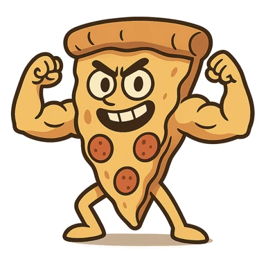 slice of pizza with strong arms, playful and dynamic, comic style sticker