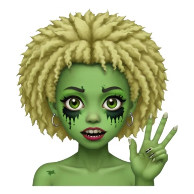 girl, green zombie,blonde afro, medium long, shaggy, dark, spooky,double eyebrow dermal piercing, two fingers up sticker