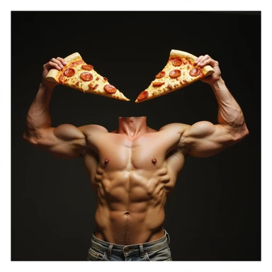 slice of pizza with exaggerated biceps, photorealistic, dramatic lighting sticker