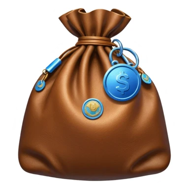 brown money bag with a blue coin  sticker