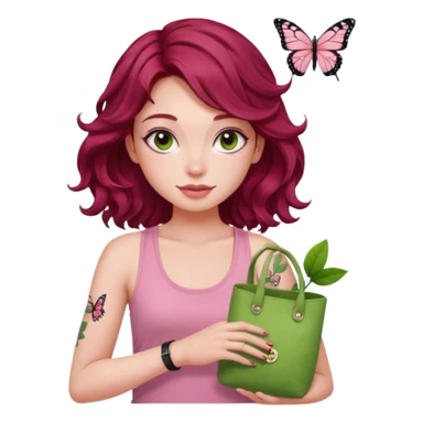 a pretty fair bratz girl with wavy dark red hair, wearing a pink tank top , carrying a matcha and a pink bag. eyeliner on. butterfly tattoo on arm sticker