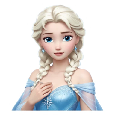 Cinematic Realistic Elsa Portrait, depicted with lifelike skin texture, soft natural lighting, and intricately detailed platinum blonde hair styled elegantly. Her striking, expressive blue eyes exude confidence and grace, complemented by a serene and regal expression. She holds a shimmering snowflake delicately in one hand, her other hand resting against her gown, embodying the power and beauty of winter. She is dressed in her signature icy attire, with shimmering fabric textures and delicate folds that catch the light beautifully. The portrait features a soft, enchanting glow with a cool, radiant finish, capturing the essence of timeless elegance in a realistic and painterly style. sticker