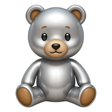 A cute teddy bear emoji made of liquid silver chrome, smooth rounded body, glossy metallic surface, soft reflections, friendly proportions, iOS emoji style, centered, clean white background sticker