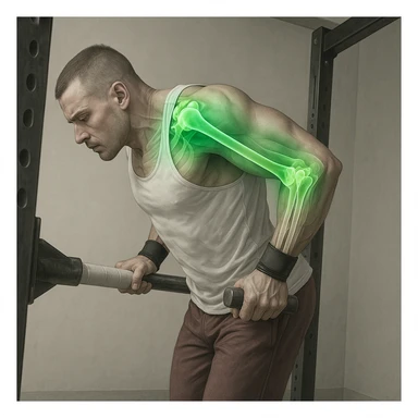 A man performing a dip exercise with the shoulder-arm-elbow joint block colored in gradient green with a green glow effect to emphasize joint health. Hyper-realistic style with anatomical details, clinical atmosphere, and neutral background. sticker