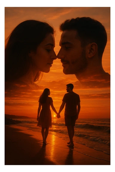 Una doppia esposizione cinematografica di noi di profilo, con un paesaggio di spiaggia al tramonto integrato nella silhouette.
La scena interna ci mostra entrambi camminare sulla sabbia bagnata, tenendoci per mano, con le onde del mare che si infrangono è facile e un cielo colorato dagli ultimi raggi di sole. Atmosfera calda e intima, toni dorati arancioni, dettagli fini ed espressivi, risoluzione 8K. sticker