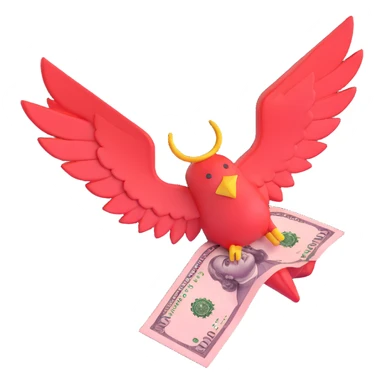 A 5000 ruble banknote with red color and wings sticker