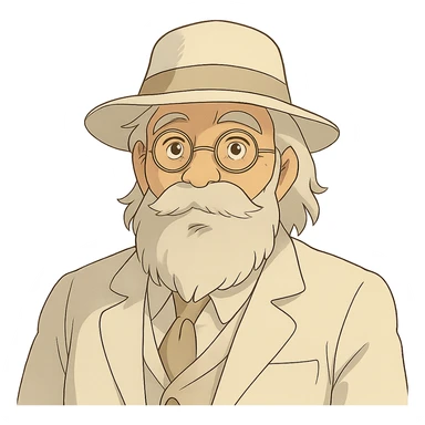 old man with a white hat, slightly long white beard, white moustache, round glasses, white suit, white longish hair, ghibli style sticker