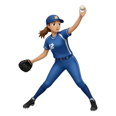 Softball pitcher pitching the ball from side view with brown hair and dark blue jersey and no hat sticker