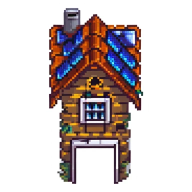 cottage with solar panels on the roof, pixel art style sticker