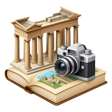 Icon for Historical and Cultural Tourism: iconic landmarks like ancient ruins, a museum, and a historical monument, with a travel guidebook and camera. The icon should capture the exploration of history and culture. Transparent background. sticker