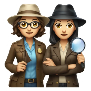 Two women detectives with hats and magnifying glasses, one with brown hair and one with black hair. One Asian one white sticker