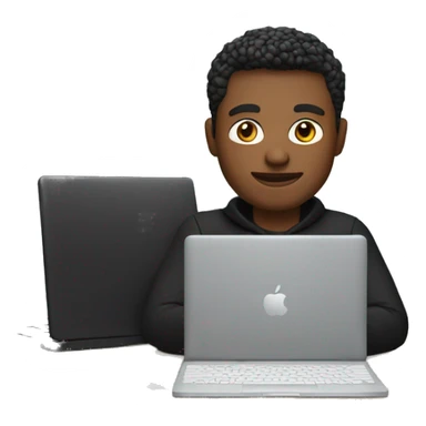 memoji of a man with a laptop in front, apple-style,modern,fair hair,black sweater,computer in hand,sitting on his desk sticker