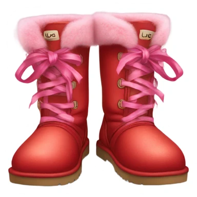 Pair of Realistic Red Ugg Fur Boots laced up with pink silk ribbon laces at the back of them. sticker