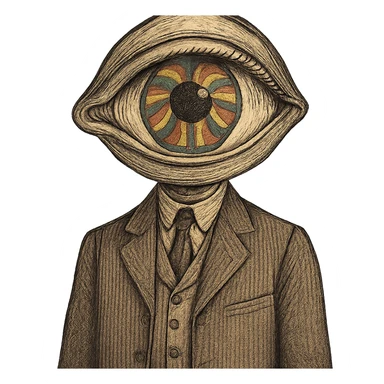 a person in vintage style with a psychedelic eye on the head, no face, only the eye, retro clothing, muted colors sticker