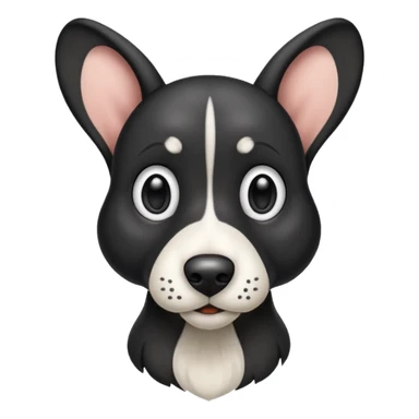 Black hound dog with big ears, white snout and white chest sticker