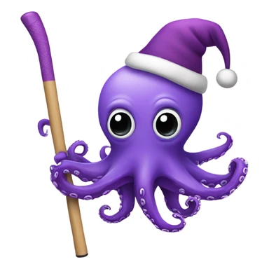 purple octopus wearing santa hat, holding a hockey stick sticker