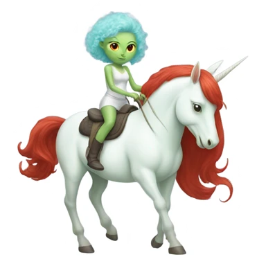 [politically incorrect
	{ woman: alien, color: light green, hair:red, eyes:cat} ]
	on a 
	[{ unicorn: white, legged:four, mane: light blue }] sticker