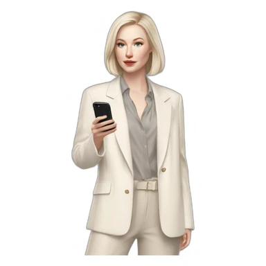 pale skin woman with ash blonde Straightened bob Hair, White Spacious classical jacket, beige palazzo Arrow pants and gray blouse holding white IPhone 15 pro in the hands sticker