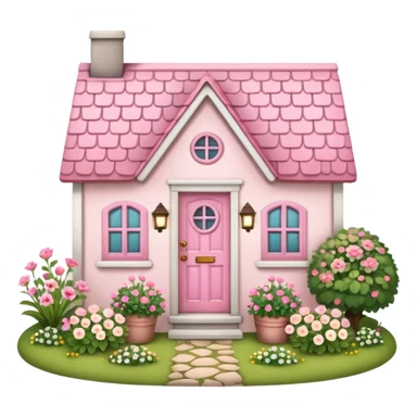 Cottagecore style, highly realistic, whimsical cute, vintage vibe, small cottage with a little garden in front with flowers, and pink door. Still life design sticker