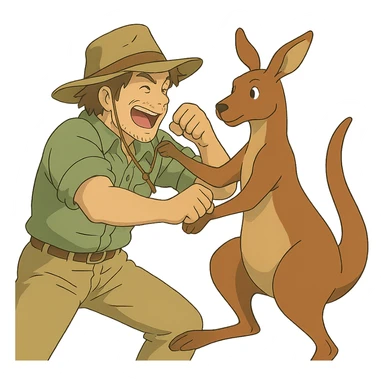 ghibli style illustration of a man with an Australian hat in a playful fight with a kangaroo sticker