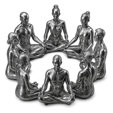a circle of stylized chrome statues, mixed genders, meditating in the lotus position, futuristic and polished, no background sticker
