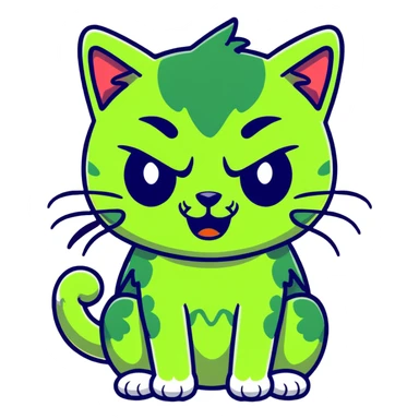 cat zombie emoji, green fur, stitches, cartoonish style sticker