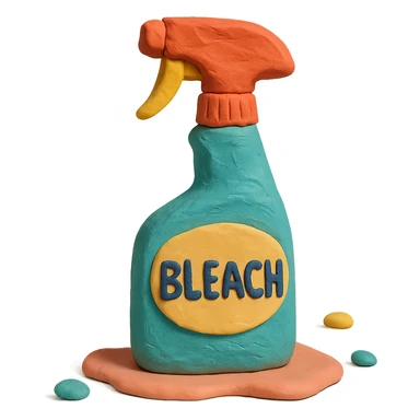 bleach spray bottle in claymation style with a bold label, playful arrangement, pastel palette sticker