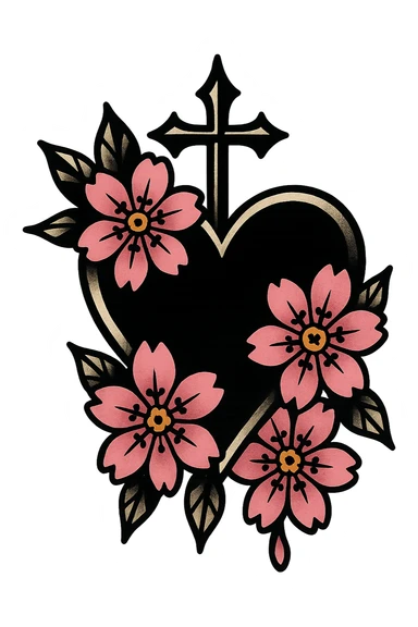 goth sakura heart, tattoo flash, bold black lines, pink sakura, classic tattoo style sticker