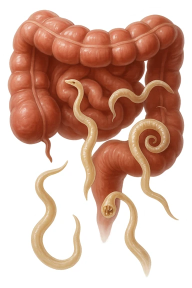 Realistic medical image of microscopic parasites leaving the intestines after taking natural kinesiological drops, symbolizing detox and cleansing. sticker