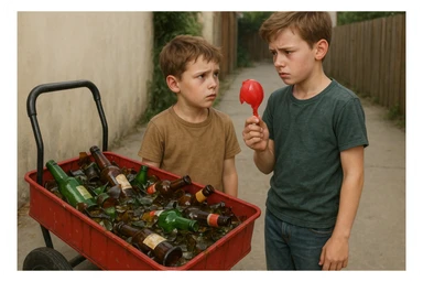 g'ildiragi singan ichimliklar ortilgan arava bir baloni singan uni yonida aka uka havotirli nigoh bilan bir biriga qarab turishibdi realistik qilib ber sticker