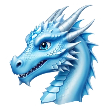 Cinematic Noble elegant Ice Dragon Portrait Emoji, Poised and imposing, distinct long elegant snout, with a slender, scaled body shimmering in glacial hues of icy blue, frostbitten silver, and crystalline white, breathing out frost, with piercing, glowing blue eyes that radiate the chilling depths of an arctic storm; rendered in detail. sticker